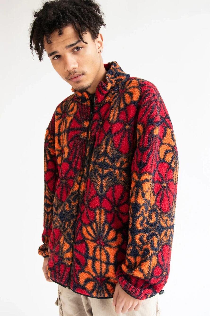 FREE NATURE Faux Sherpa Floral Pattern Jacket Red Orange Men's Full-Zip Sz S